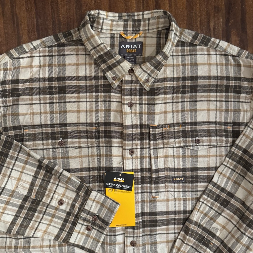 Ariat Rebar Flannel DuraStretch Work Shirt Men's XL Plaid Silver Lining 10062523
